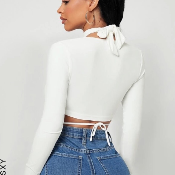 White Halter Crop Top with Sleeves - Picture 2 of 2
